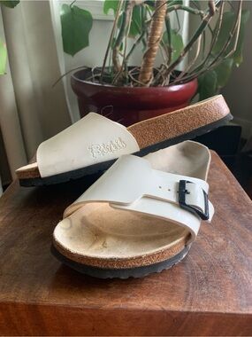 Birkenstock White Patent Single Strap Slide Sandals